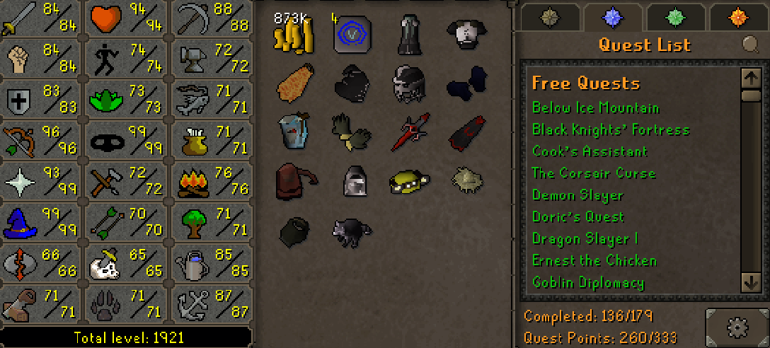 Main | 1920+ Total | 260+ QP | E Void | Fire Cape | Assembler | B Gloves | MA2 Cape | Skilling Outfits | Rocky
