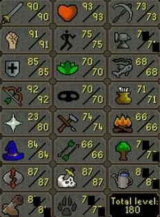 Main | 1800+ Total | 250+ QP | 90 Attack | 91 Strength | 85 Defence | 92 Range | 80 Prayer | 84 Magic | D Defender | B Gloves | Graceful