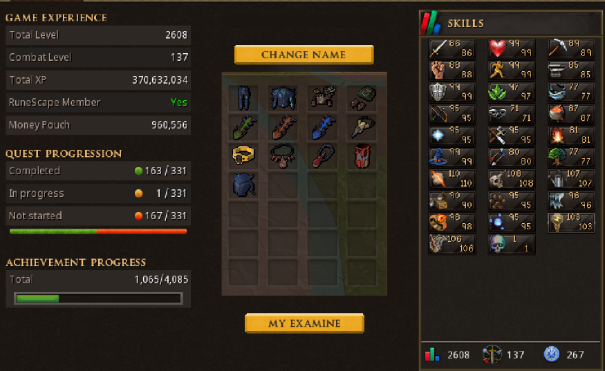 RS3 Main | 2600+ TL | 260+ QP | 1060+ Achievements | 370M XP | Sirenic Mask | Aug Sirenic Hauberk/Chaps | Aug Bandos Chestplate/Tassets | TokHaar-Kal-Xil/Ket/Mej | GOTE | Brawler's Knockout | Blood Fury | Spring Cleaner 9001 | Rare Pets
