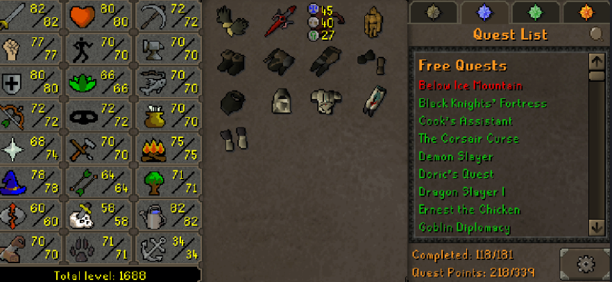Main Account | 1680+ Total | 218 QP | Cmb 100 | Rocky & Giant Squirrel Pets | Barrows Gloves