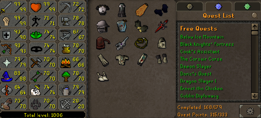 Main | 1800+ Total | 310+ QP | 99 Attack | 99 Strength | E Void | Fire Cape | Assembler | B Gloves | Graceful