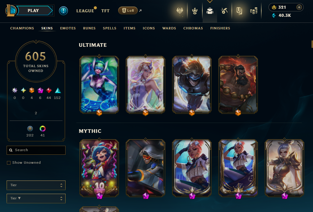 NA | 605 Skins | 162 Champions | PAX Twisted Fate , Young Ryze , Silver Kayle | 5 Mythics | ChicksQLOLS02