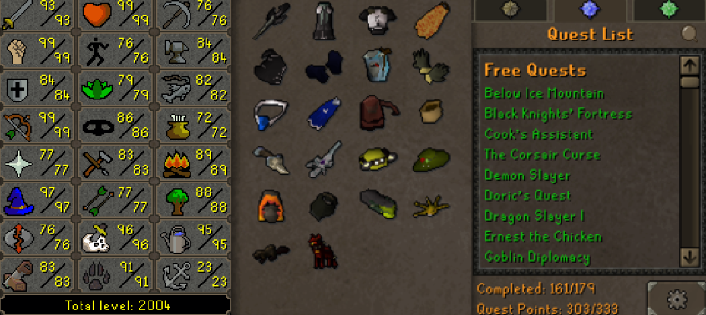 Main | 2000+ Total | 300+ QP | Avernic | E Void | Fire Cape | Assembler | B Gloves | MA2 Cape | Skilling Outfits | Rare Pets