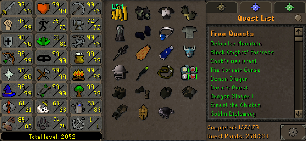 Legacy Main | 2050+ Total | 250+ QP | 99 Strength | 99 Attack | 99 Ranged | 99 Magic | Avernic | E Void | Fire Cape | B Gloves | MA2 Cape | Divine Rune Pouch | Rogue's | Rare Pets