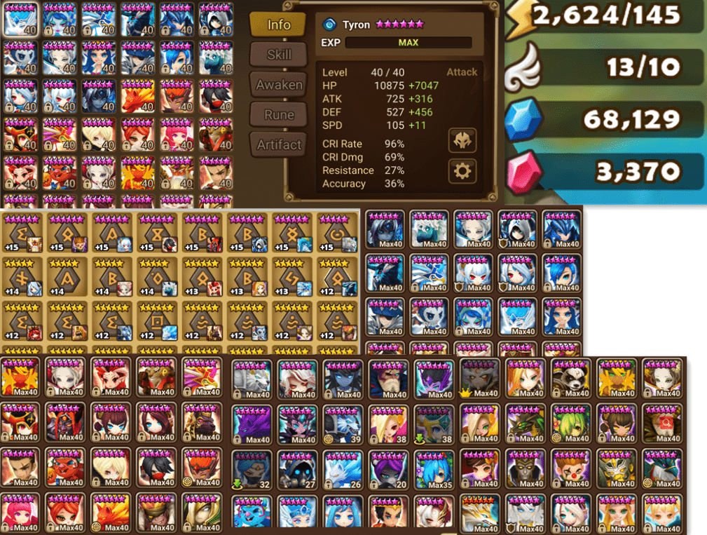 Global | Level 50 | 6 star* 74 | 5 star* 50 | Crystals : 3370 | 15 +14+13/ Runes | Tyron | Full Access - Chickslsw93