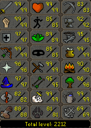 Main | 2210+ Total | 333 QP | Quiver | Avernic | E Void | Fire Cape | MA2 Cape | Angler | Rare Pets