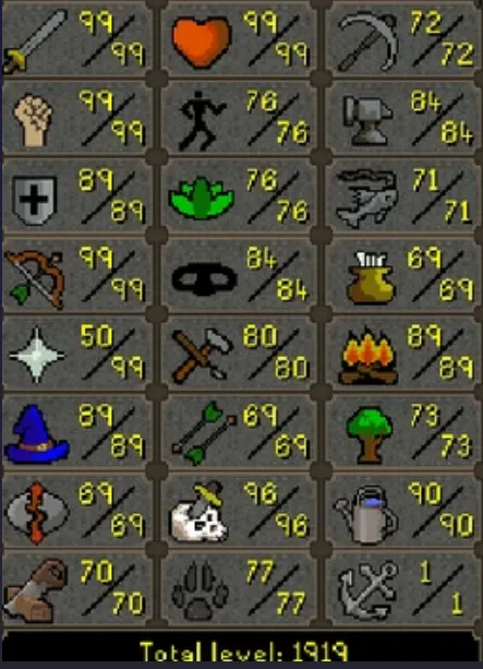Main | 1910+ Total | 310+ QP | 99 Strength | 99 Attack | 99 Ranged | 96 Slayer | Avernic | Fire Cape | Assembler | Ferocious Gloves | Skilling Outfits | Rare Pet