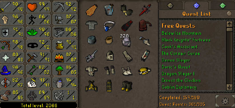 Main | 2060+ Total | 300+ QP | 96 Strength | 98 Ranged | 96 Magic | 93 Slayer | Fire Cape | Assembler | B Gloves | MA2 Cape | Skilling Outfits