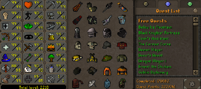 Max Combat Main | 2210+ Total | 320+ QP | Infernal | Quiver | Avernic | E Void | Assembler | B Gloves | MA2 Cape | Skilling Outfits | Rare Pets